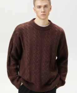 Kabelstrick Pullover aus Woll Baumwoll Mischung mit Rippbündchen