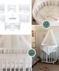 Waldin Oval Baby-Bett Mitwachsend Komplett Set 7in1, Gitterbett, Kinderbett mit Matratze, Wickelkommode, Beistellbett, Holz Weiß