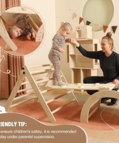 2026 Dreieck-Set mit Kissen, 5-in-1 Montessori-Kletterset, faltbar, Kletter-Indoor-Spielplatz-Set für Kleinkinder, Holz-Kletterspielzeug mit Rampe und Kletterbogen für Kinder (Holzfarbe)