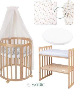 Waldin Oval Baby-Bett Mitwachsend Komplett Set 7in1, Gitterbett, Kinderbett mit Matratze, Wickelkommode, Beistellbett, Holz Weiß
