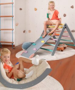 2026 Dreieck-Set mit Kissen, 5-in-1 Montessori-Kletterset, faltbar, Kletter-Indoor-Spielplatz-Set für Kleinkinder, Holz-Kletterspielzeug mit Rampe und Kletterbogen für Kinder (Holzfarbe)