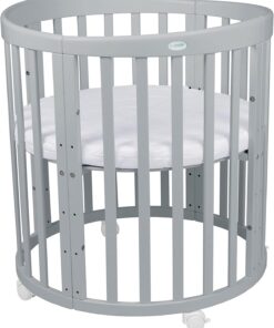 Waldin Oval Baby-Bett Mitwachsend Komplett Set 7in1, Gitterbett, Kinderbett mit Matratze, Wickelkommode, Beistellbett, Holz Weiß