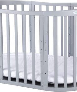Waldin Oval Baby-Bett Mitwachsend Komplett Set 7in1, Gitterbett, Kinderbett mit Matratze, Wickelkommode, Beistellbett, Holz Weiß