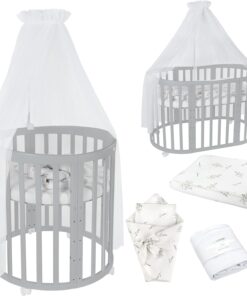 Waldin Oval Baby-Bett Mitwachsend Komplett Set 7in1, Gitterbett, Kinderbett mit Matratze, Wickelkommode, Beistellbett, Holz Weiß