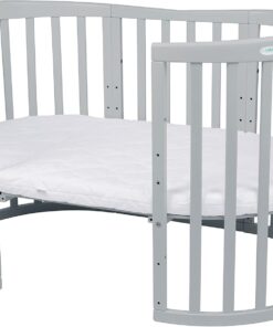 Waldin Oval Baby-Bett Mitwachsend Komplett Set 7in1, Gitterbett, Kinderbett mit Matratze, Wickelkommode, Beistellbett, Holz Weiß