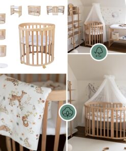 Waldin Oval Baby-Bett Mitwachsend Komplett Set 7in1, Gitterbett, Kinderbett mit Matratze, Wickelkommode, Beistellbett, Holz Weiß