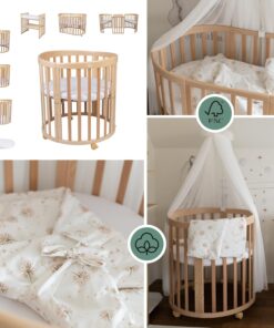 Waldin Oval Baby-Bett Mitwachsend Komplett Set 7in1, Gitterbett, Kinderbett mit Matratze, Wickelkommode, Beistellbett, Holz Weiß