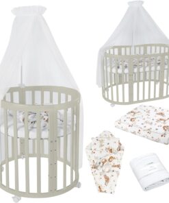 Waldin Oval Baby-Bett Mitwachsend Komplett Set 7in1, Gitterbett, Kinderbett mit Matratze, Wickelkommode, Beistellbett, Holz Weiß
