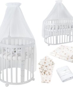 Waldin Oval Baby-Bett Mitwachsend Komplett Set 7in1, Gitterbett, Kinderbett mit Matratze, Wickelkommode, Beistellbett, Holz Weiß
