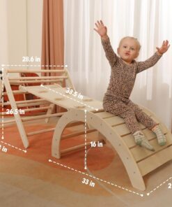 2026 Dreieck-Set mit Kissen, 5-in-1 Montessori-Kletterset, faltbar, Kletter-Indoor-Spielplatz-Set für Kleinkinder, Holz-Kletterspielzeug mit Rampe und Kletterbogen für Kinder (Holzfarbe)
