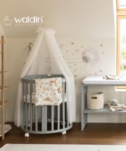 Waldin Oval Baby-Bett Mitwachsend Komplett Set 7in1, Gitterbett, Kinderbett mit Matratze, Wickelkommode, Beistellbett, Holz Weiß