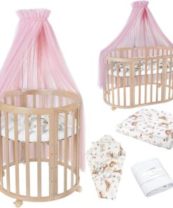 Waldin Oval Baby-Bett Mitwachsend Komplett Set 7in1, Gitterbett, Kinderbett mit Matratze, Wickelkommode, Beistellbett, Holz Weiß