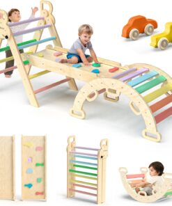 2026 Pikler-Dreieck-Set, 7-in-1, faltbares Baby-Kletterspielzeug, hölzernes Montessori-Kletterset mit Bogen, Rampe und Leiter, Baby-Klettergerät, Indoor-Klettergerüste für Kleinkinder, Montessori-Spielzeug – Regenbogen