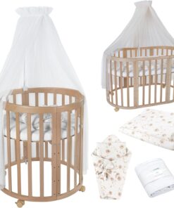Waldin Oval Baby-Bett Mitwachsend Komplett Set 7in1, Gitterbett, Kinderbett mit Matratze, Wickelkommode, Beistellbett, Holz Weiß