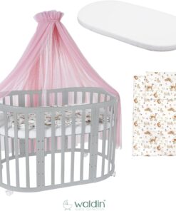 Waldin Oval Baby-Bett Mitwachsend Komplett Set 7in1, Gitterbett, Kinderbett mit Matratze, Wickelkommode, Beistellbett, Holz Weiß