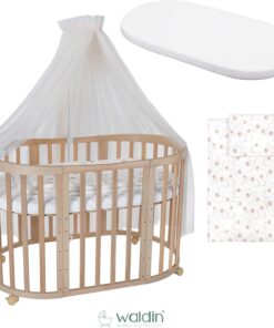 Waldin Oval Baby-Bett Mitwachsend Komplett Set 7in1, Gitterbett, Kinderbett mit Matratze, Wickelkommode, Beistellbett, Holz Weiß