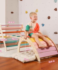 2026 Dreieck-Set mit Kissen, 5-in-1 Montessori-Kletterset, faltbar, Kletter-Indoor-Spielplatz-Set für Kleinkinder, Holz-Kletterspielzeug mit Rampe und Kletterbogen für Kinder (Holzfarbe)