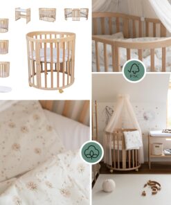 Waldin Oval Baby-Bett Mitwachsend Komplett Set 7in1, Gitterbett, Kinderbett mit Matratze, Wickelkommode, Beistellbett, Holz Weiß