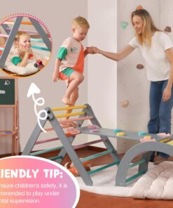 2026 Dreieck-Set mit Kissen, 5-in-1 Montessori-Kletterset, faltbar, Kletter-Indoor-Spielplatz-Set für Kleinkinder, Holz-Kletterspielzeug mit Rampe und Kletterbogen für Kinder (Holzfarbe)