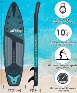 2026 ALLPICK Premium SUP Board Set, Stand Up Paddling Board Aufblasbar, Mit Universal Kamerahalterung, Komplettes Zubehör, Verstellbares Paddel, Anfänger, Fortgeschrittene, 180kg (Premium-Grün)