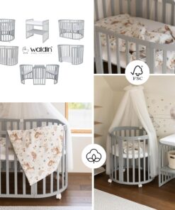 Waldin Oval Baby-Bett Mitwachsend Komplett Set 7in1, Gitterbett, Kinderbett mit Matratze, Wickelkommode, Beistellbett, Holz Weiß