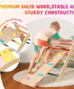 2026 Dreieck-Set mit Kissen, 5-in-1 Montessori-Kletterset, faltbar, Kletter-Indoor-Spielplatz-Set für Kleinkinder, Holz-Kletterspielzeug mit Rampe und Kletterbogen für Kinder (Holzfarbe)