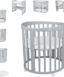 Waldin Oval Baby-Bett Mitwachsend Komplett Set 7in1, Gitterbett, Kinderbett mit Matratze, Wickelkommode, Beistellbett, Holz Weiß