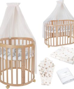 Waldin Oval Baby-Bett Mitwachsend Komplett Set 7in1, Gitterbett, Kinderbett mit Matratze, Wickelkommode, Beistellbett, Holz Weiß