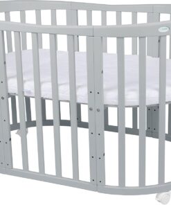 Waldin Oval Baby-Bett Mitwachsend Komplett Set 7in1, Gitterbett, Kinderbett mit Matratze, Wickelkommode, Beistellbett, Holz Weiß
