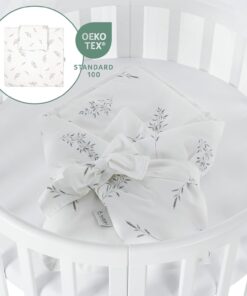 Waldin Oval Baby-Bett Mitwachsend Komplett Set 7in1, Gitterbett, Kinderbett mit Matratze, Wickelkommode, Beistellbett, Holz Weiß