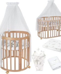 Waldin Oval Baby-Bett Mitwachsend Komplett Set 7in1, Gitterbett, Kinderbett mit Matratze, Wickelkommode, Beistellbett, Holz Weiß