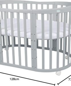 Waldin Oval Baby-Bett Mitwachsend Komplett Set 7in1, Gitterbett, Kinderbett mit Matratze, Wickelkommode, Beistellbett, Holz Weiß