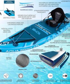 2026 Aqua Spirit SUP Board Aufblasbares Standup Stand Up Paddle Board/Paddel Kajak | 320x81x15cm | Satz mit Paddel, Sitz, Rucksack, Pumpe und weiterem Zubehör | Erwachsene Anfänger/Experten (Blau)