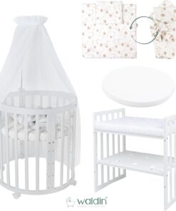 Waldin Oval Baby-Bett Mitwachsend Komplett Set 7in1, Gitterbett, Kinderbett mit Matratze, Wickelkommode, Beistellbett, Holz Weiß