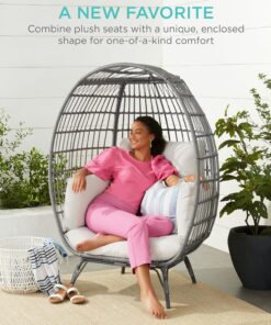 2026 Best Choice Products Korbsessel „Eierstuhl“, übergroße Liege für drinnen und draußen für Terrasse, Garten, Wohnzimmer mit 4 Kissen, Stahlrahmen, 200 kg Tragkraft, Elfenbein