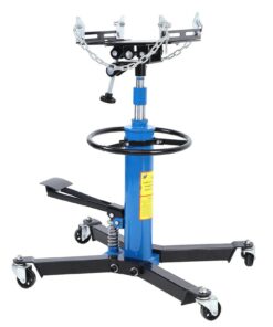 2026 Vertikaler hydraulischer Getriebeheber für Autos, Tragfähigkeit 0,75 Tonne (1660 Pfund), Hubhöhe 33" bis 70", mit 360° schwenkbaren Rollen und Fußpedal – Blau