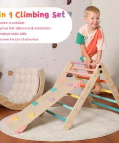 2026 Dreieck-Set mit Kissen, 5-in-1 Montessori-Kletterset, faltbar, Kletter-Indoor-Spielplatz-Set für Kleinkinder, Holz-Kletterspielzeug mit Rampe und Kletterbogen für Kinder (Holzfarbe)