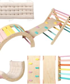 2026 Dreieck-Set mit Kissen, 5-in-1 Montessori-Kletterset, faltbar, Kletter-Indoor-Spielplatz-Set für Kleinkinder, Holz-Kletterspielzeug mit Rampe und Kletterbogen für Kinder (Holzfarbe)