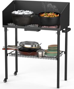 2026 Kochtisch für Outdoor-Camping für Dutch Oven und Lebensmittelzubereitung, zusammenklappbarer Grilltisch, Camping-Küchenstation mit seitlichem Windschutz und Aufbewahrungskorb für Grillen im Garten, Picknick, Wohnmobil