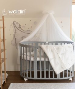 Waldin Oval Baby-Bett Mitwachsend Komplett Set 7in1, Gitterbett, Kinderbett mit Matratze, Wickelkommode, Beistellbett, Holz Weiß
