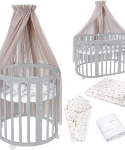 Waldin Oval Baby-Bett Mitwachsend Komplett Set 7in1, Gitterbett, Kinderbett mit Matratze, Wickelkommode, Beistellbett, Holz Weiß