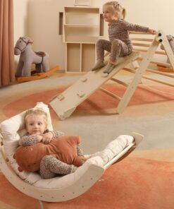 2026 Dreieck-Set mit Kissen, 5-in-1 Montessori-Kletterset, faltbar, Kletter-Indoor-Spielplatz-Set für Kleinkinder, Holz-Kletterspielzeug mit Rampe und Kletterbogen für Kinder (Holzfarbe)