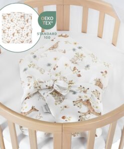 Waldin Oval Baby-Bett Mitwachsend Komplett Set 7in1, Gitterbett, Kinderbett mit Matratze, Wickelkommode, Beistellbett, Holz Weiß