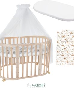 Waldin Oval Baby-Bett Mitwachsend Komplett Set 7in1, Gitterbett, Kinderbett mit Matratze, Wickelkommode, Beistellbett, Holz Weiß