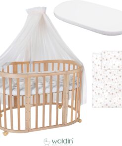 Waldin Oval Baby-Bett Mitwachsend Komplett Set 7in1, Gitterbett, Kinderbett mit Matratze, Wickelkommode, Beistellbett, Holz Weiß