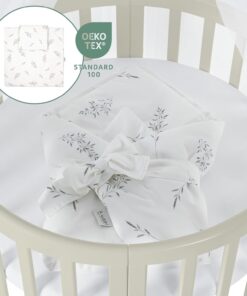 Waldin Oval Baby-Bett Mitwachsend Komplett Set 7in1, Gitterbett, Kinderbett mit Matratze, Wickelkommode, Beistellbett, Holz Weiß