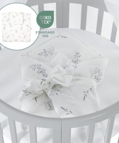 Waldin Oval Baby-Bett Mitwachsend Komplett Set 7in1, Gitterbett, Kinderbett mit Matratze, Wickelkommode, Beistellbett, Holz Weiß