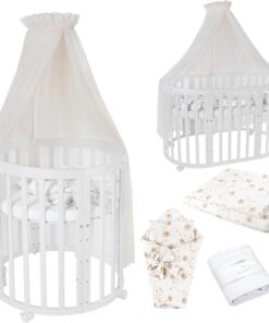 Waldin Oval Baby-Bett Mitwachsend Komplett Set 7in1, Gitterbett, Kinderbett mit Matratze, Wickelkommode, Beistellbett, Holz Weiß