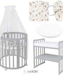 Waldin Oval Baby-Bett Mitwachsend Komplett Set 7in1, Gitterbett, Kinderbett mit Matratze, Wickelkommode, Beistellbett, Holz Weiß