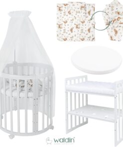Waldin Oval Baby-Bett Mitwachsend Komplett Set 7in1, Gitterbett, Kinderbett mit Matratze, Wickelkommode, Beistellbett, Holz Weiß